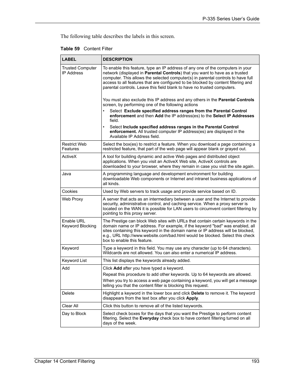 Table 59 content filter | ZyXEL Communications P-335WT User Manual | Page 193 / 509