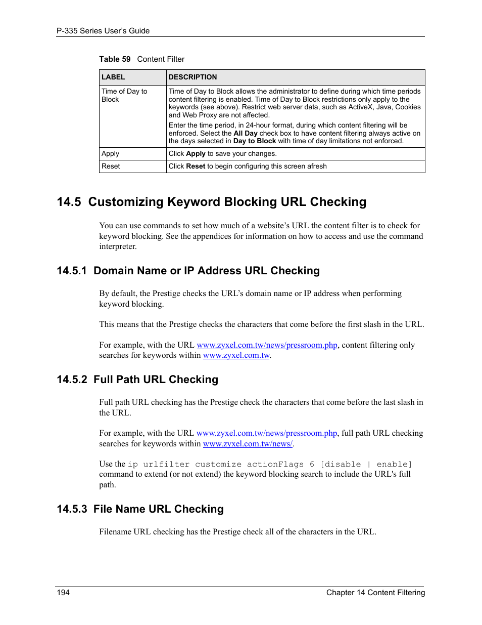 5 customizing keyword blocking url checking, 1 domain name or ip address url checking, 2 full path url checking | 3 file name url checking | ZyXEL Communications P-335WT User Manual | Page 194 / 509