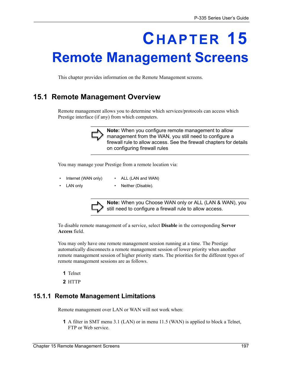 Remote management screens, 1 remote management overview, 1 remote management limitations | Chapter 15 remote management screens | ZyXEL Communications P-335WT User Manual | Page 197 / 509