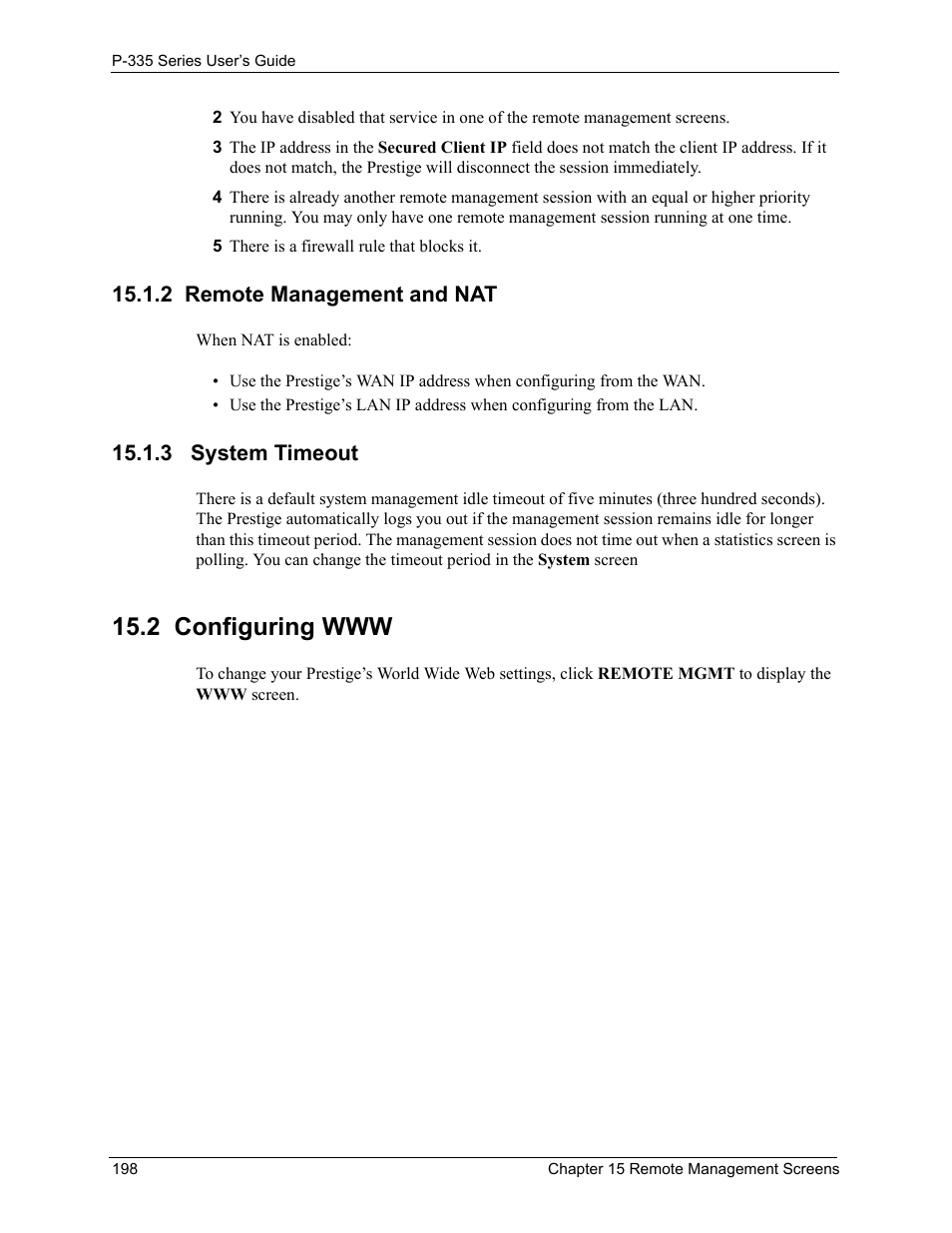 2 remote management and nat, 3 system timeout, 2 configuring www | 2 remote management and nat 15.1.3 system timeout | ZyXEL Communications P-335WT User Manual | Page 198 / 509