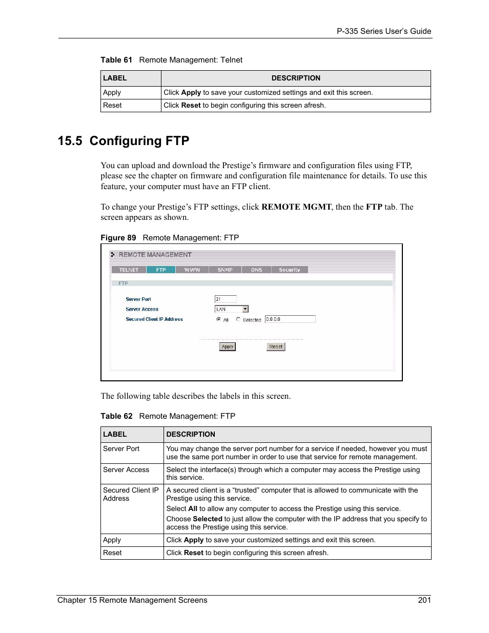 5 configuring ftp, Figure 89 remote management: ftp, Table 62 remote management: ftp | ZyXEL Communications P-335WT User Manual | Page 201 / 509