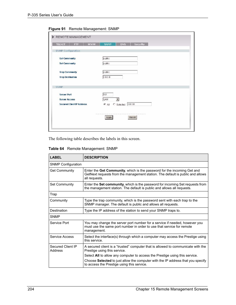 Figure 91 remote management: snmp, Table 64 remote management: snmp | ZyXEL Communications P-335WT User Manual | Page 204 / 509