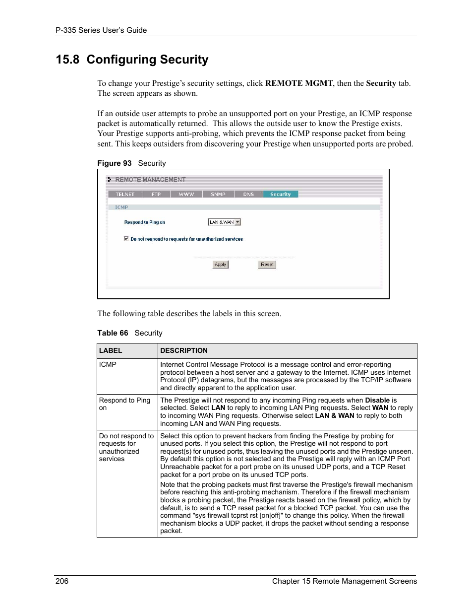 8 configuring security, Figure 93 security, Table 66 security | ZyXEL Communications P-335WT User Manual | Page 206 / 509