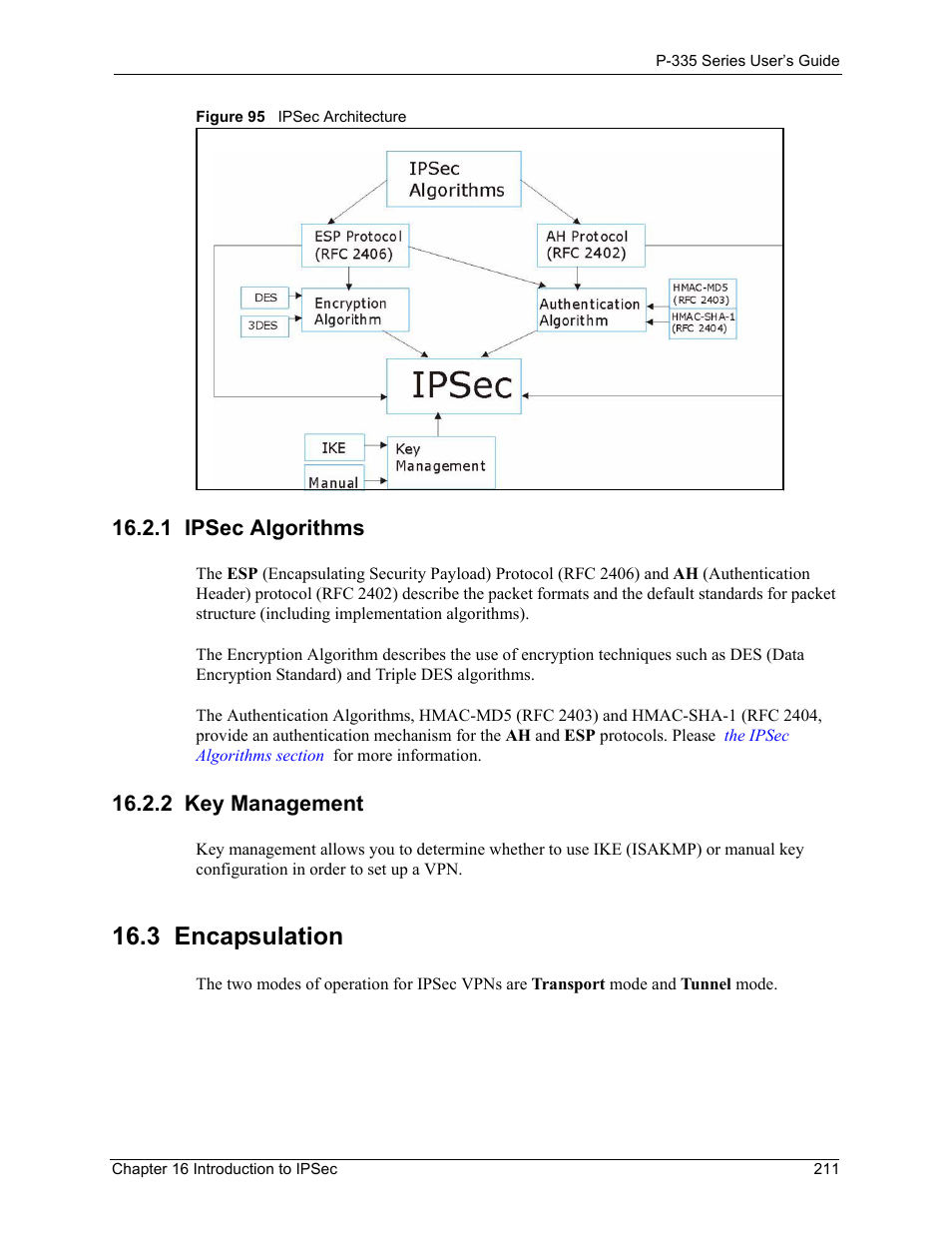 1 ipsec algorithms, 2 key management, 3 encapsulation | 1 ipsec algorithms 16.2.2 key management, Figure 95 ipsec architecture | ZyXEL Communications P-335WT User Manual | Page 211 / 509