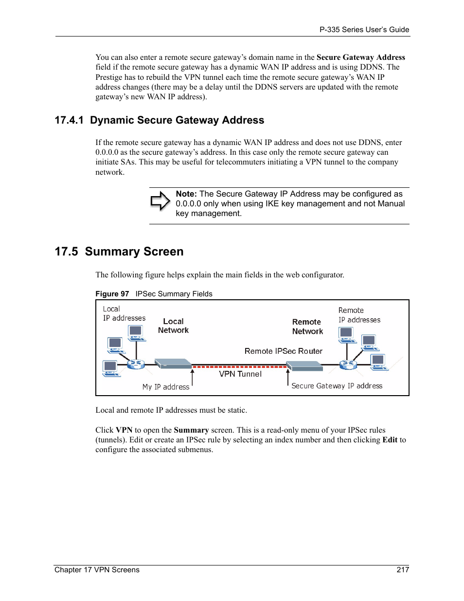 1 dynamic secure gateway address, 5 summary screen, Figure 97 ipsec summary fields | ZyXEL Communications P-335WT User Manual | Page 217 / 509