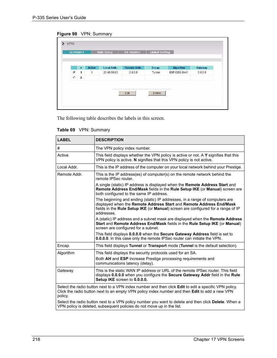 Figure 98 vpn: summary, Table 69 vpn: summary | ZyXEL Communications P-335WT User Manual | Page 218 / 509