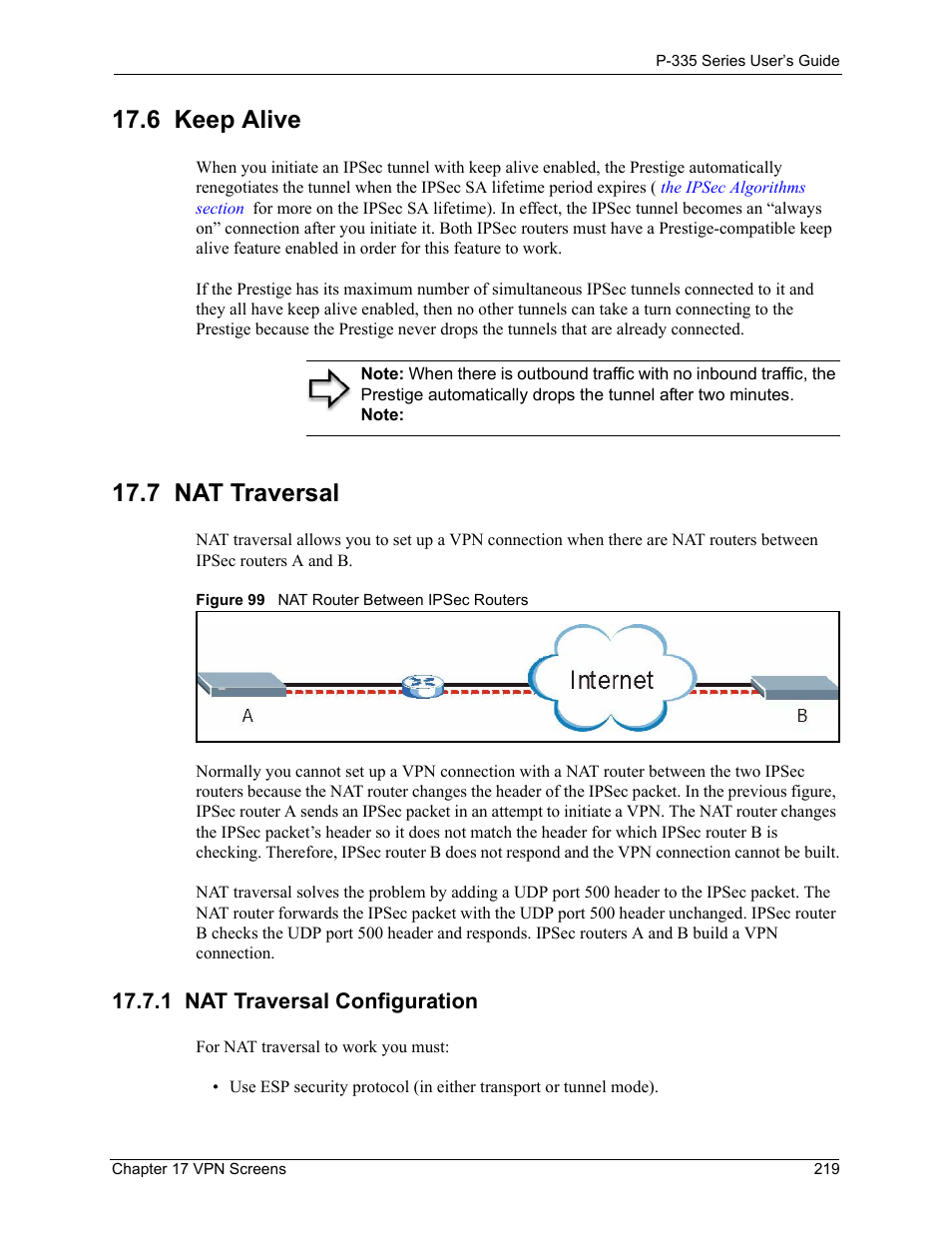 6 keep alive, 7 nat traversal, 1 nat traversal configuration | Figure 99 nat router between ipsec routers | ZyXEL Communications P-335WT User Manual | Page 219 / 509