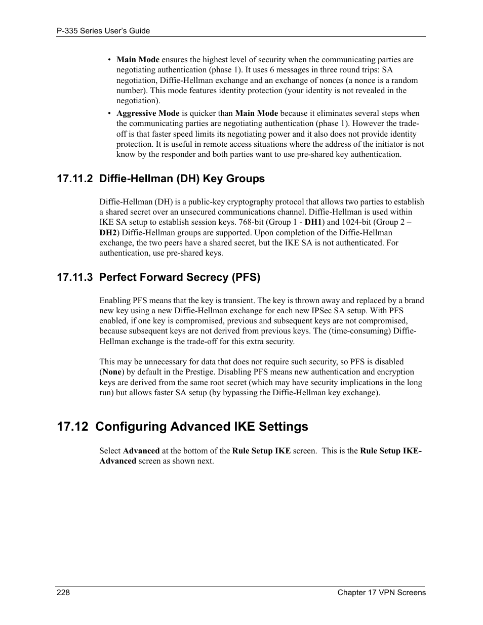 2 diffie-hellman (dh) key groups, 3 perfect forward secrecy (pfs), 12 configuring advanced ike settings | Configuring advanced ike settings section, The id type | ZyXEL Communications P-335WT User Manual | Page 228 / 509