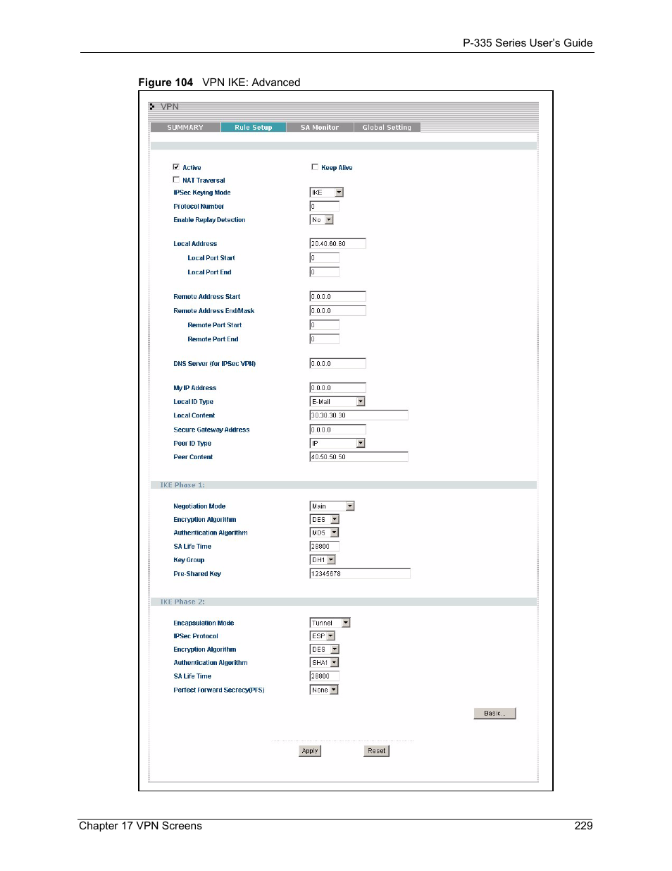 Figure 104 vpn ike: advanced | ZyXEL Communications P-335WT User Manual | Page 229 / 509