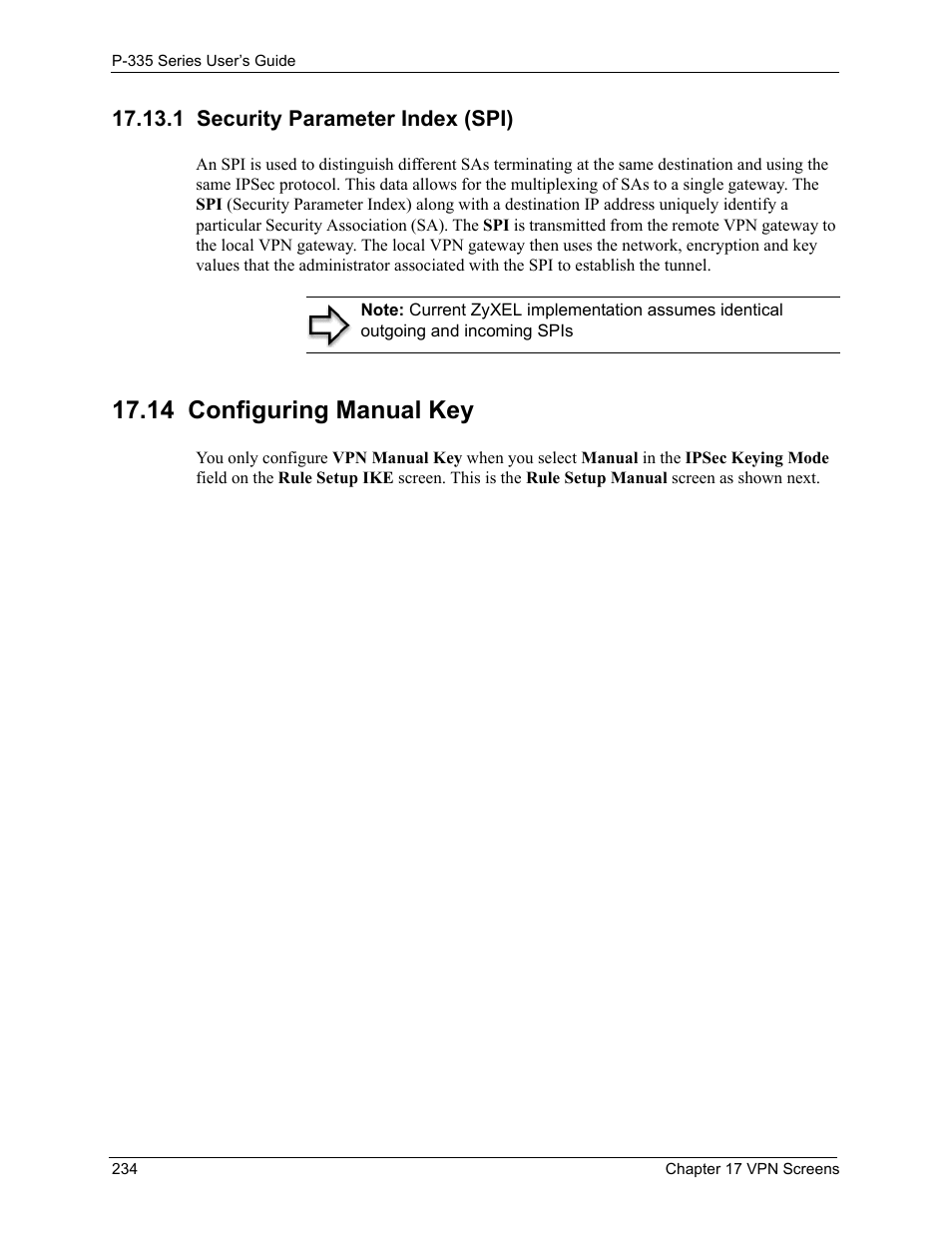 1 security parameter index (spi), 14 configuring manual key | ZyXEL Communications P-335WT User Manual | Page 234 / 509