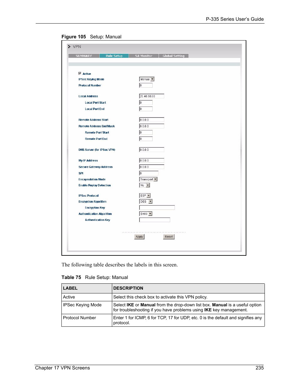 Figure 105 setup: manual, Table 75 rule setup: manual | ZyXEL Communications P-335WT User Manual | Page 235 / 509