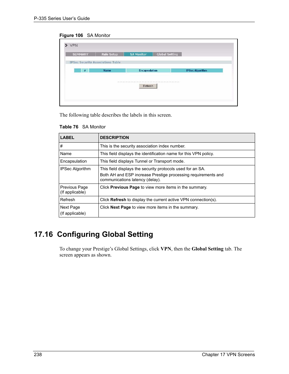 16 configuring global setting, Figure 106 sa monitor, Table 76 sa monitor | ZyXEL Communications P-335WT User Manual | Page 238 / 509