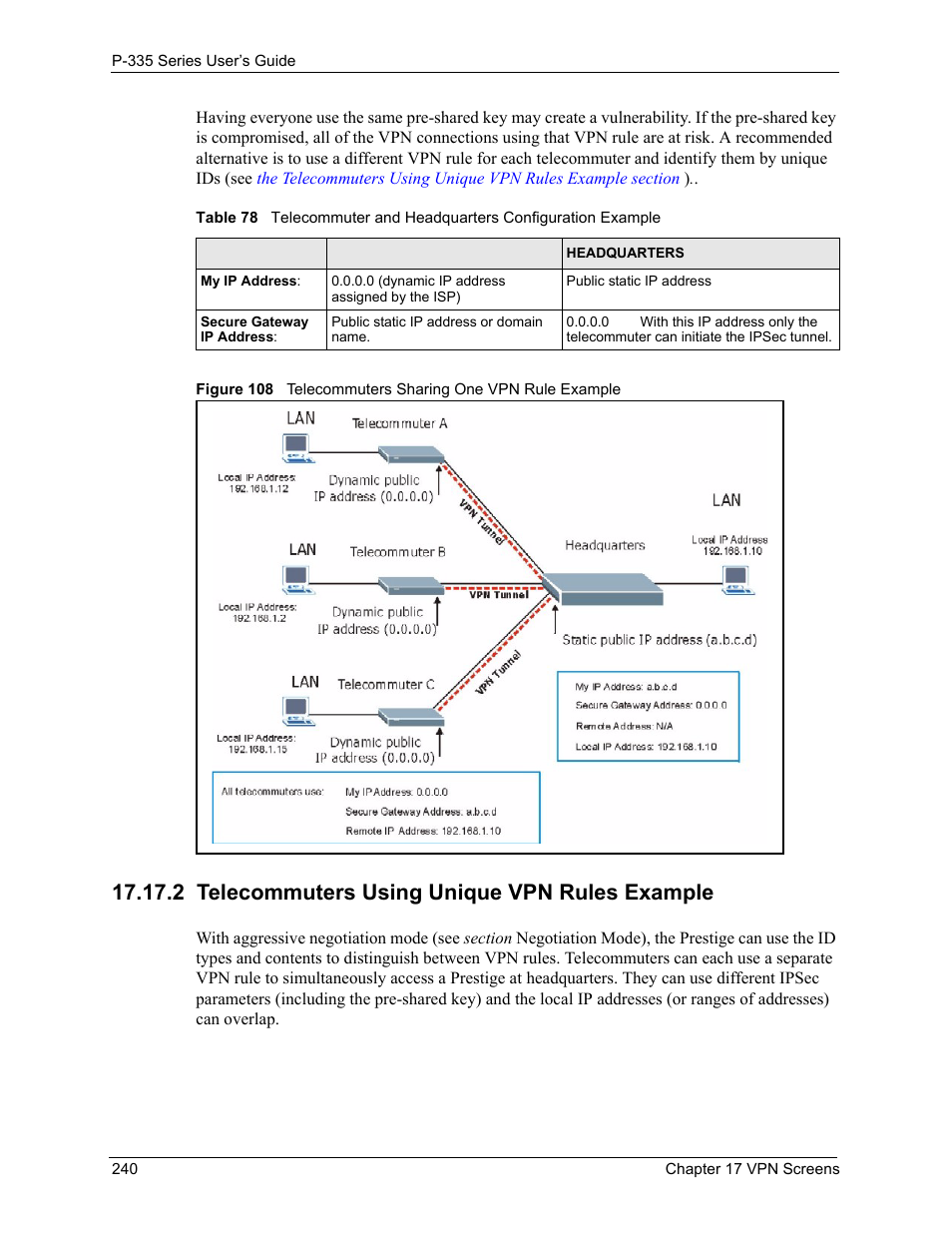 2 telecommuters using unique vpn rules example | ZyXEL Communications P-335WT User Manual | Page 240 / 509