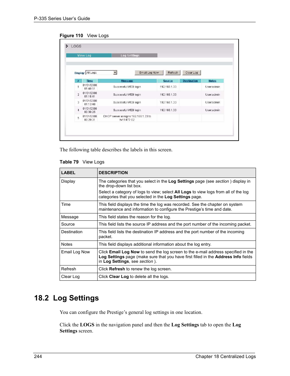 2 log settings, Figure 110 view logs, Table 79 view logs | ZyXEL Communications P-335WT User Manual | Page 244 / 509