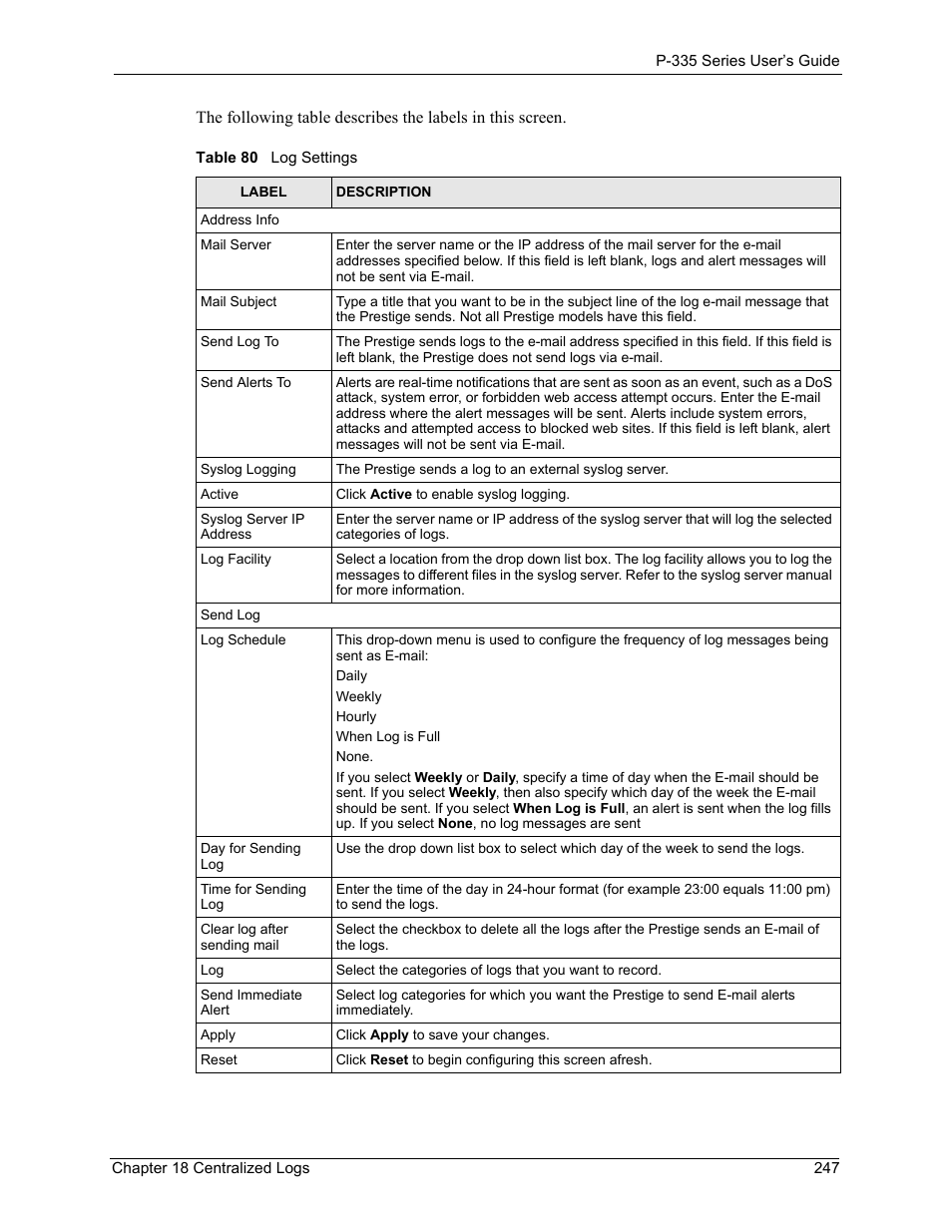 Table 80 log settings | ZyXEL Communications P-335WT User Manual | Page 247 / 509