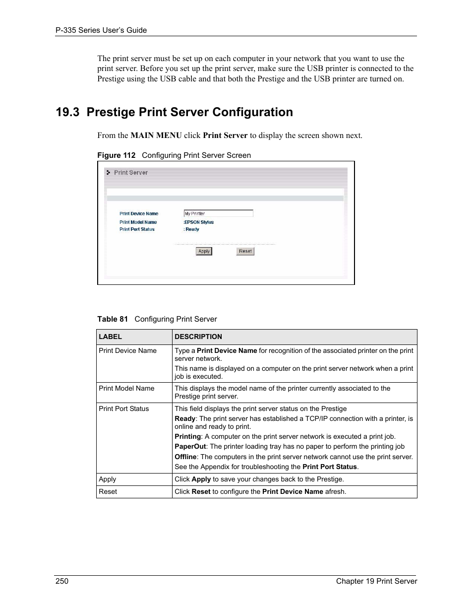 3 prestige print server configuration, Figure 112 configuring print server screen, Table 81 configuring print server | ZyXEL Communications P-335WT User Manual | Page 250 / 509