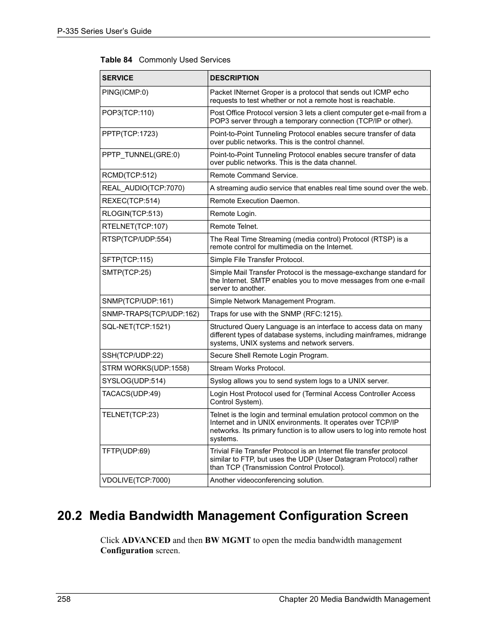 2 media bandwidth management configuration screen | ZyXEL Communications P-335WT User Manual | Page 258 / 509