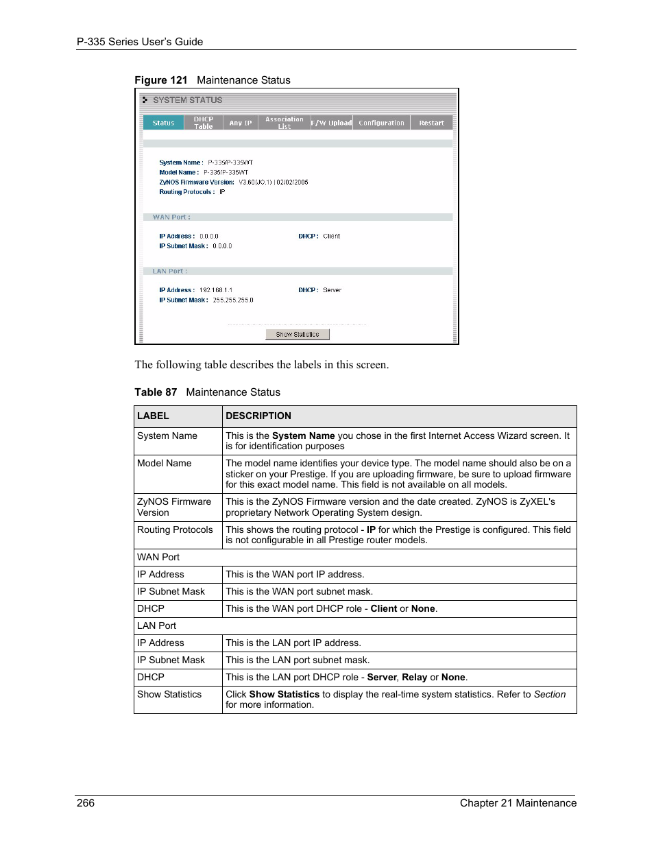 Figure 121 maintenance status, Table 87 maintenance status | ZyXEL Communications P-335WT User Manual | Page 266 / 509