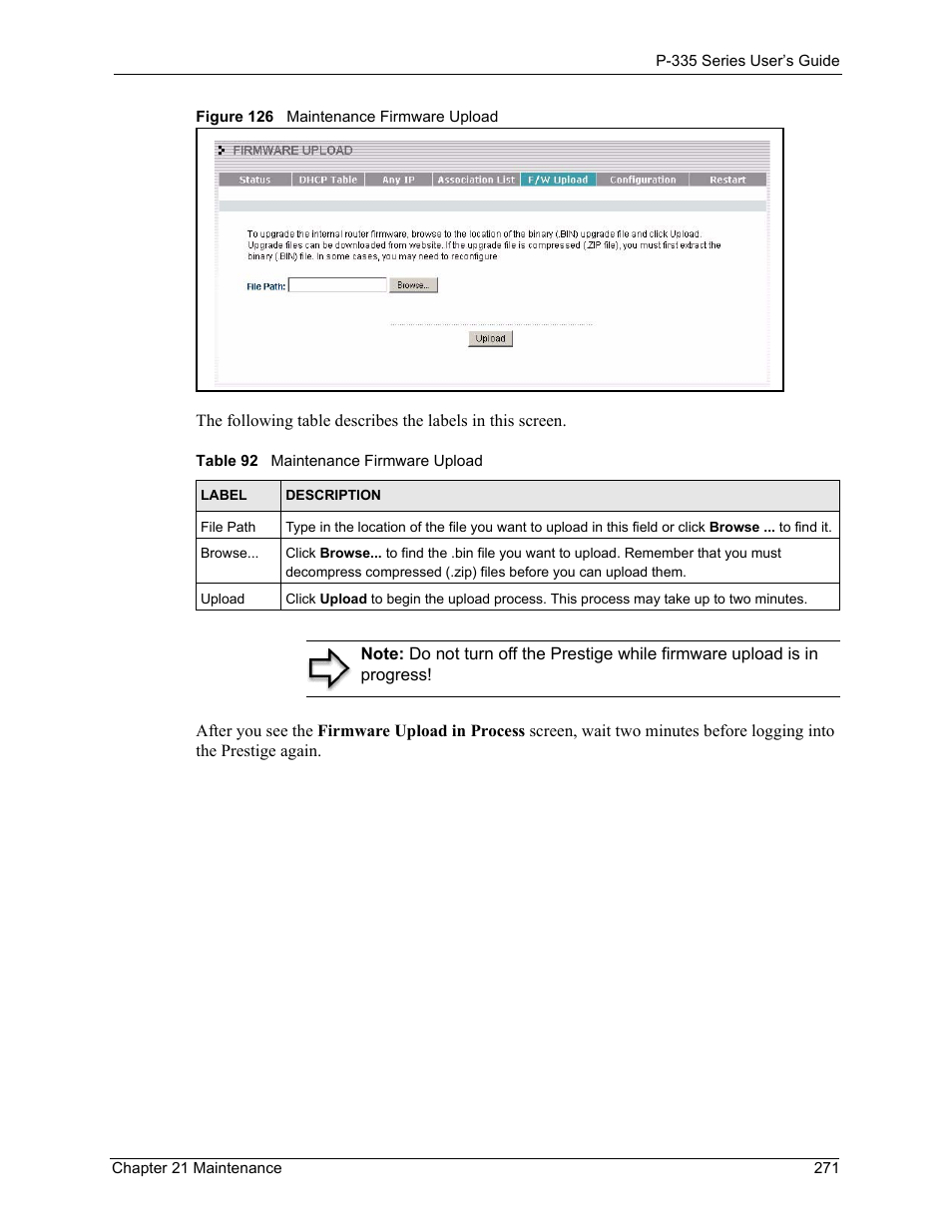 Figure 126 maintenance firmware upload, Table 92 maintenance firmware upload | ZyXEL Communications P-335WT User Manual | Page 271 / 509