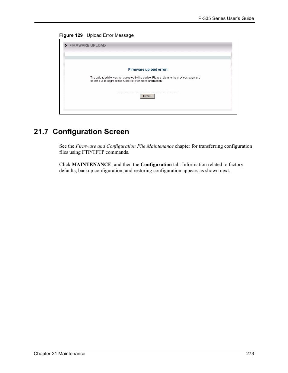 7 configuration screen, Figure 129 upload error message | ZyXEL Communications P-335WT User Manual | Page 273 / 509