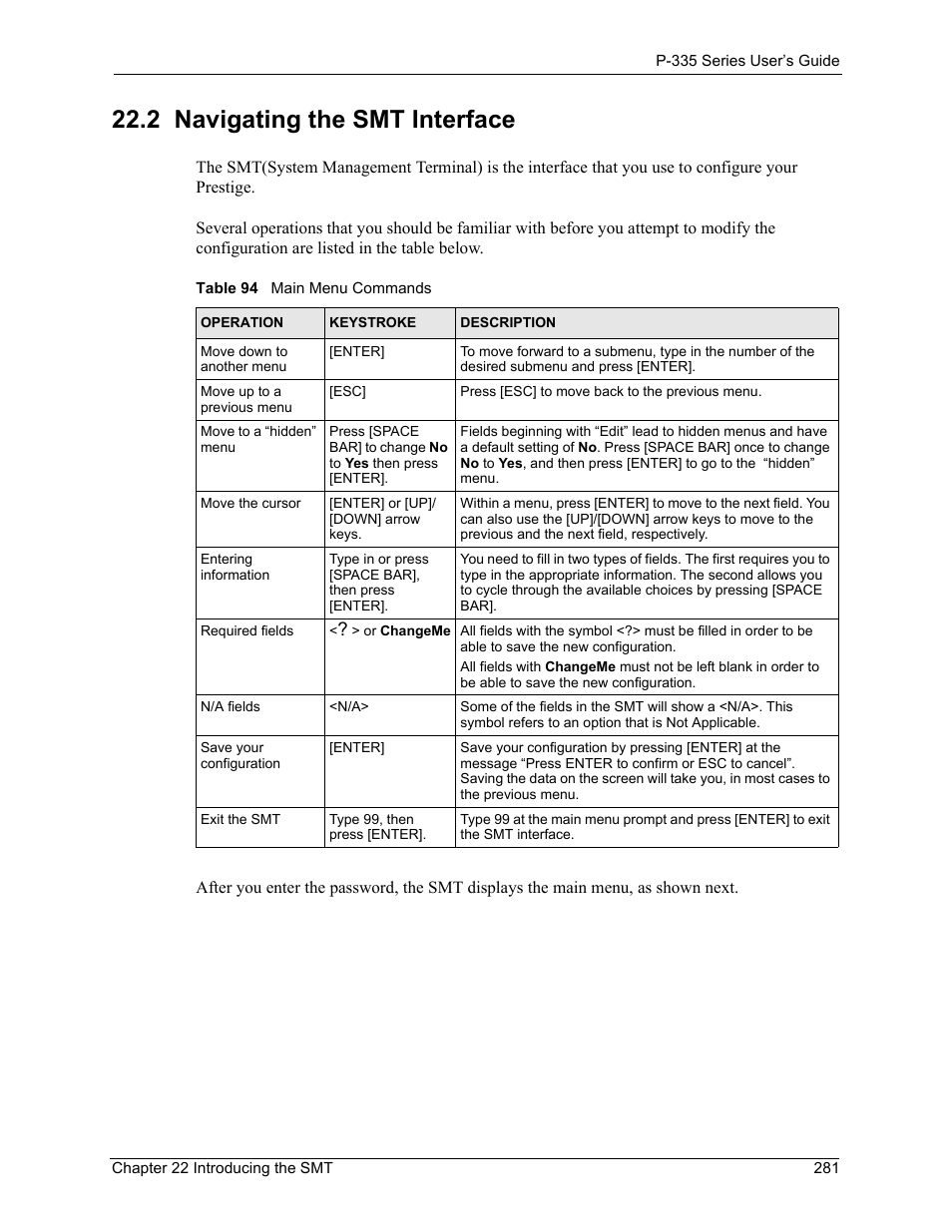 2 navigating the smt interface, Table 94 main menu commands | ZyXEL Communications P-335WT User Manual | Page 281 / 509