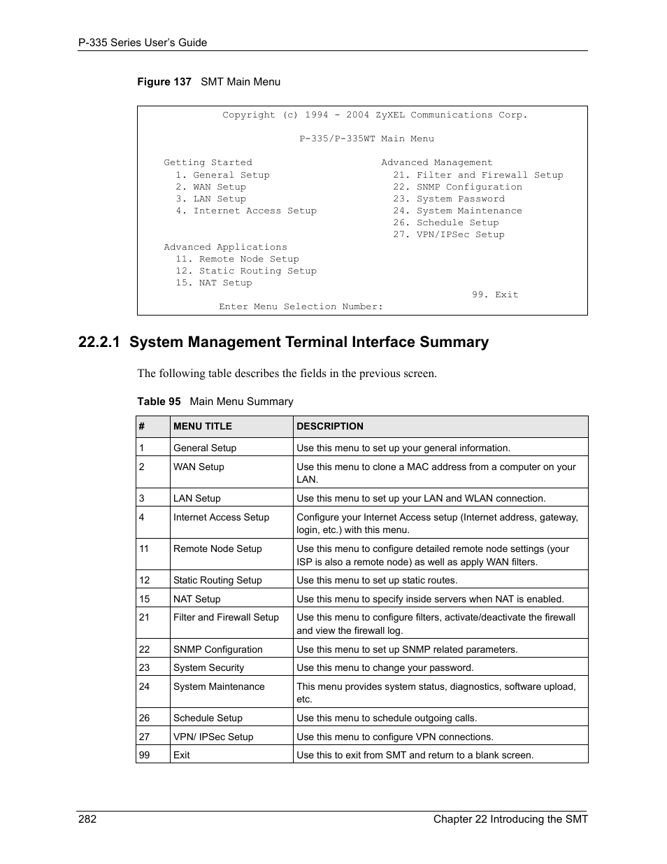 1 system management terminal interface summary, Figure 137 smt main menu, Table 95 main menu summary | ZyXEL Communications P-335WT User Manual | Page 282 / 509