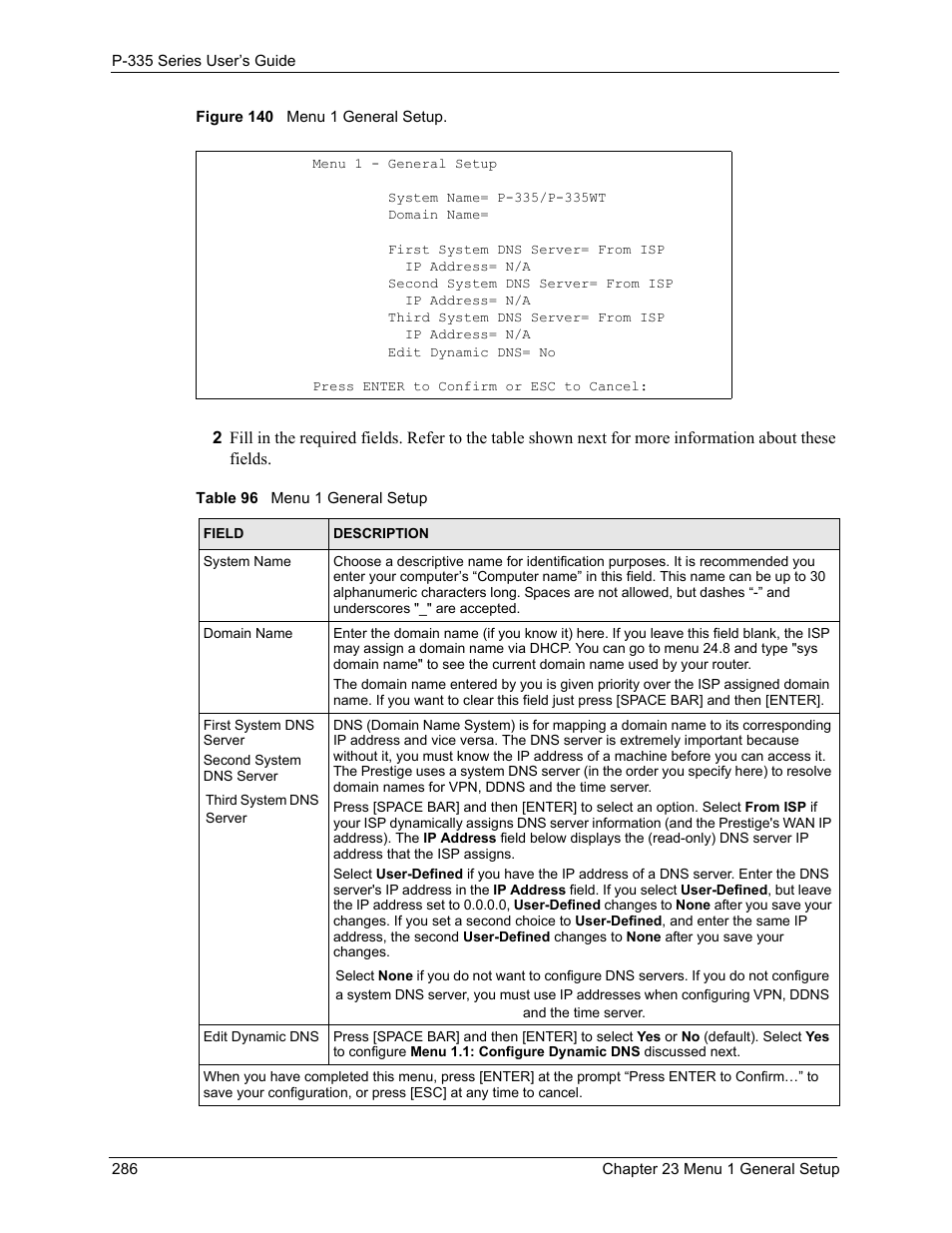 Figure 140 menu 1 general setup, Table 96 menu 1 general setup | ZyXEL Communications P-335WT User Manual | Page 286 / 509