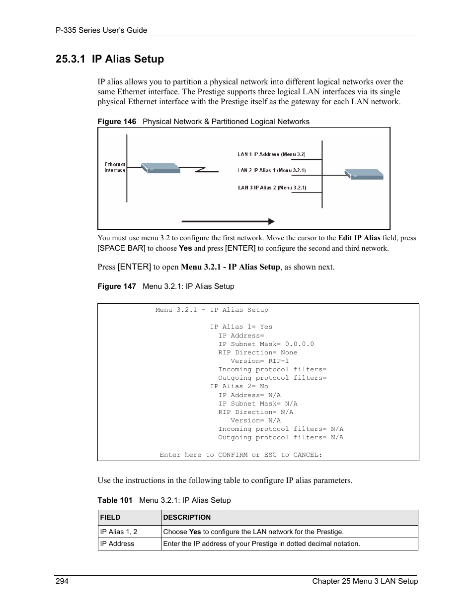 1 ip alias setup, Table 101 menu 3.2.1: ip alias setup | ZyXEL Communications P-335WT User Manual | Page 294 / 509