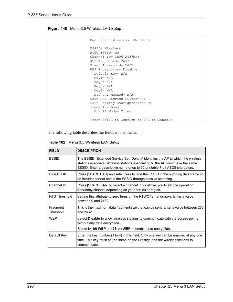 Figure 148 menu 3.5 wireless lan setup, Table 102 menu 3.5 wireless lan setup | ZyXEL Communications P-335WT User Manual | Page 296 / 509