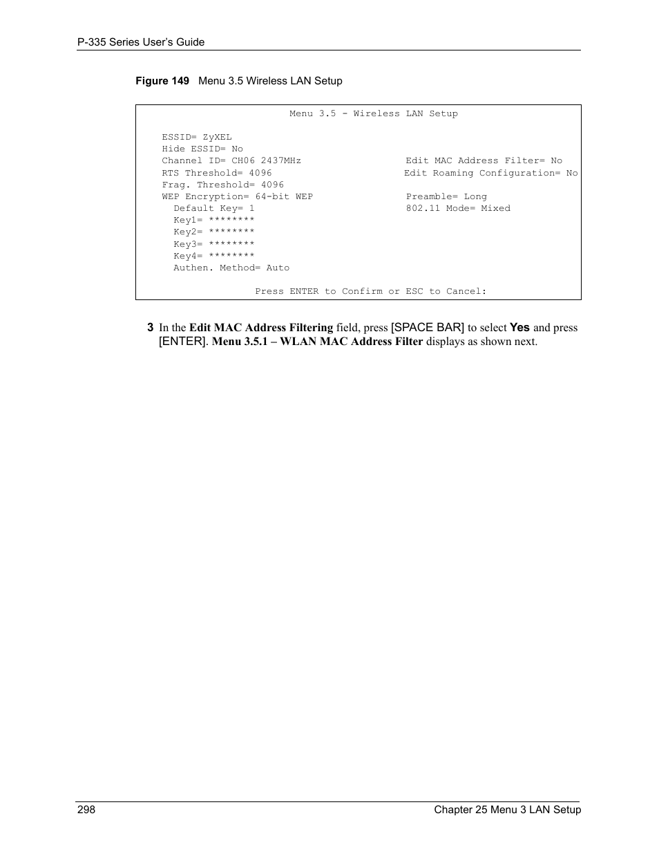 Figure 149 menu 3.5 wireless lan setup | ZyXEL Communications P-335WT User Manual | Page 298 / 509