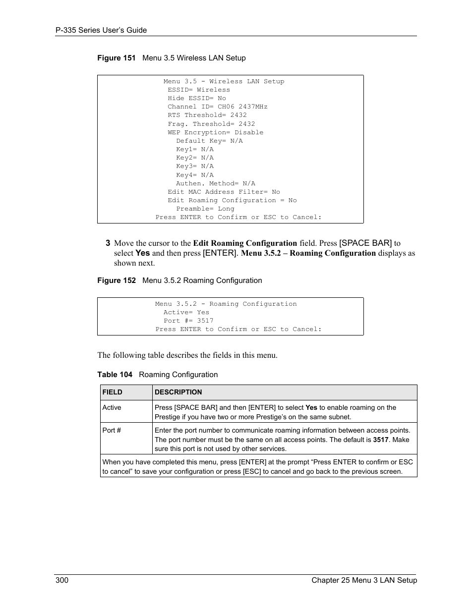 Table 104 roaming configuration | ZyXEL Communications P-335WT User Manual | Page 300 / 509