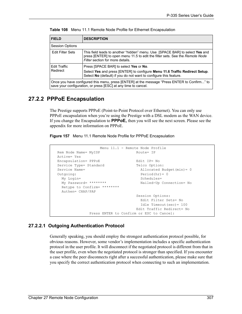 2 pppoe encapsulation, 1 outgoing authentication protocol | ZyXEL Communications P-335WT User Manual | Page 307 / 509