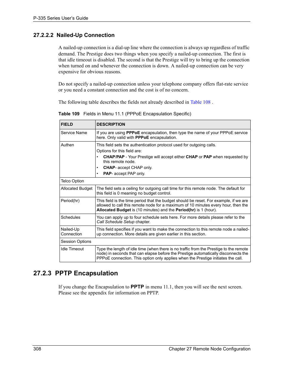 2 nailed-up connection, 3 pptp encapsulation | ZyXEL Communications P-335WT User Manual | Page 308 / 509