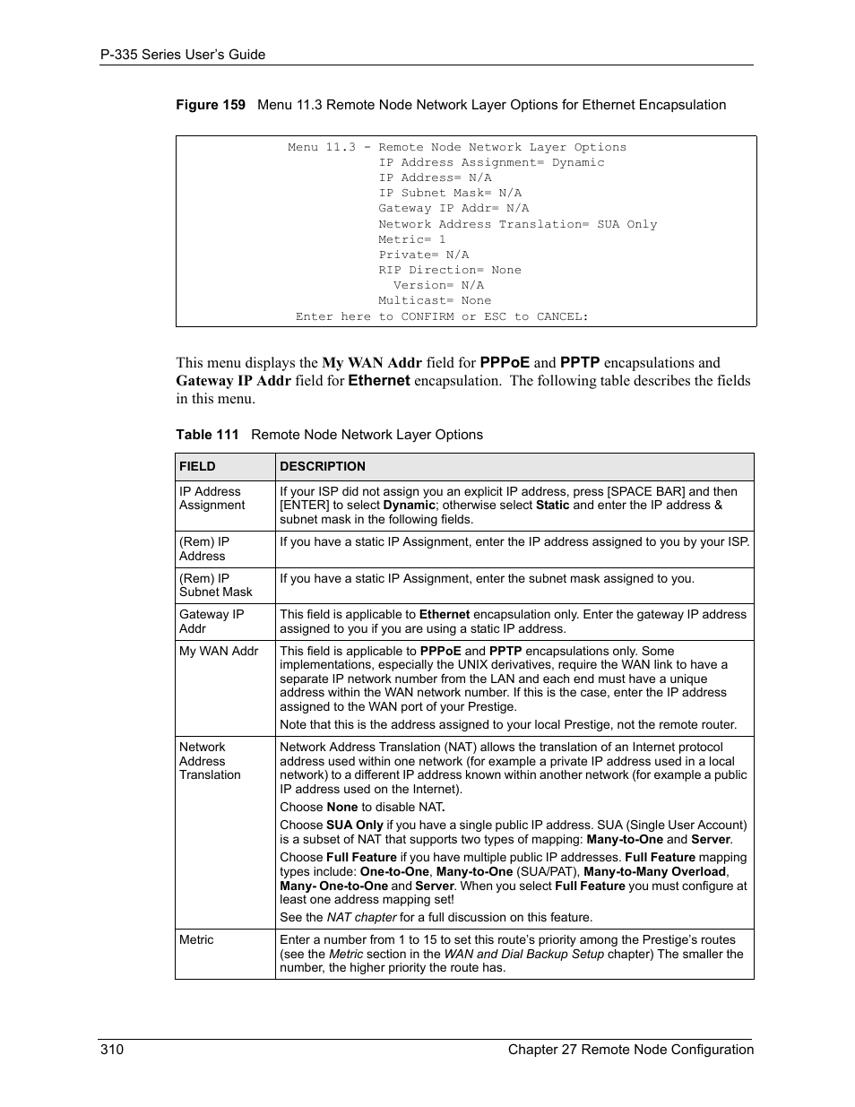 Table 111 remote node network layer options | ZyXEL Communications P-335WT User Manual | Page 310 / 509