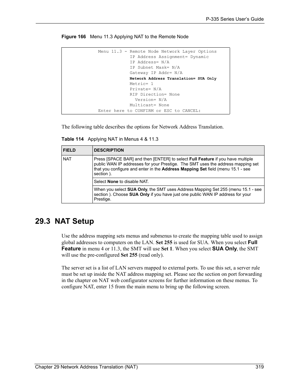 3 nat setup, Table 114 applying nat in menus 4 & 11.3 | ZyXEL Communications P-335WT User Manual | Page 319 / 509