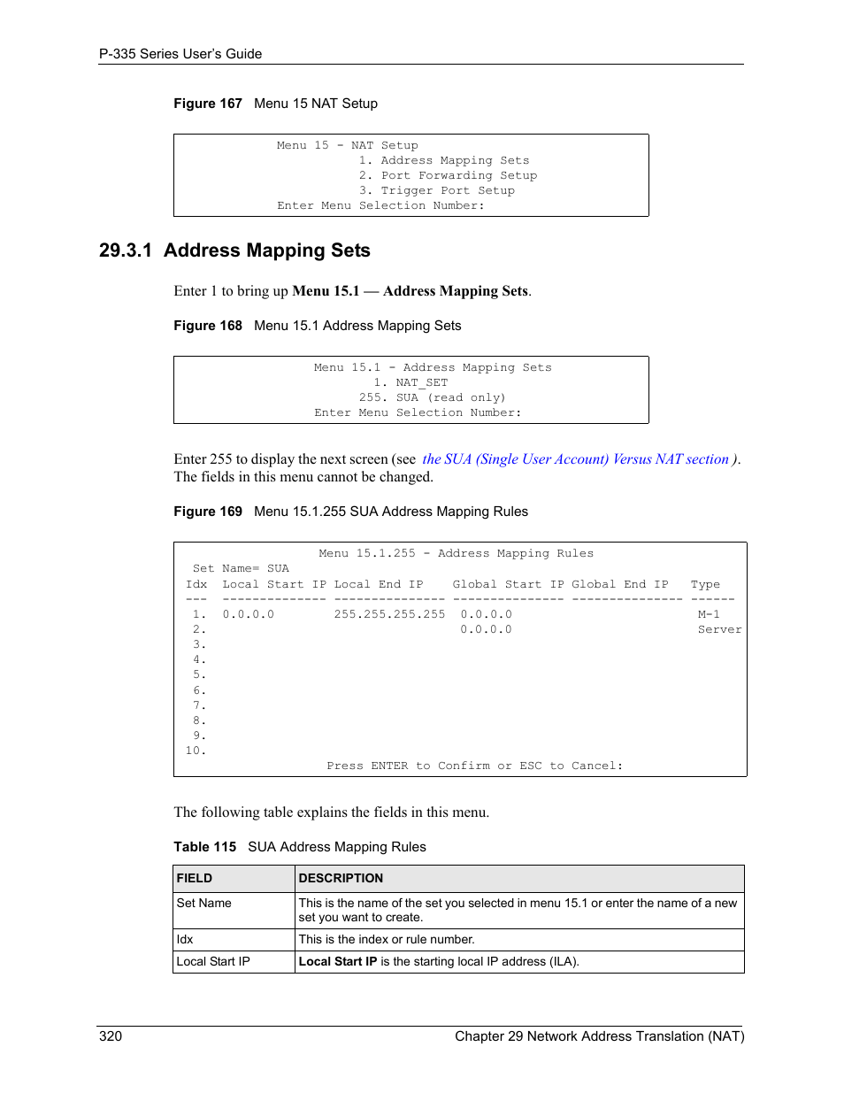 1 address mapping sets, Table 115 sua address mapping rules | ZyXEL Communications P-335WT User Manual | Page 320 / 509