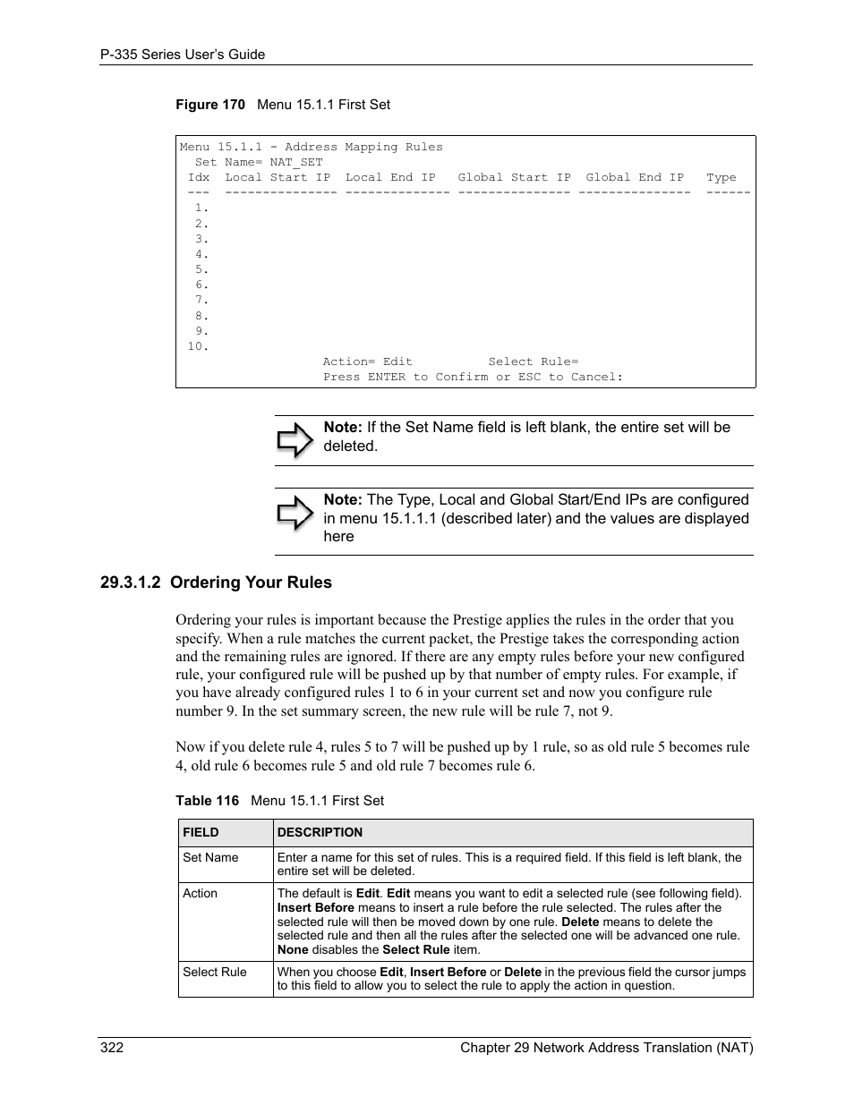 2 ordering your rules, Figure 170 menu 15.1.1 first set, Table 116 menu 15.1.1 first set | ZyXEL Communications P-335WT User Manual | Page 322 / 509