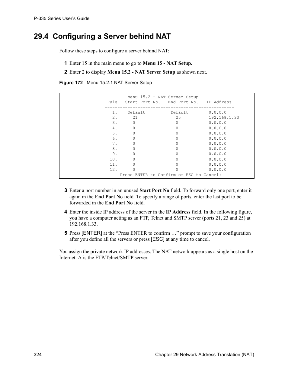 4 configuring a server behind nat, Figure 172 menu 15.2.1 nat server setup | ZyXEL Communications P-335WT User Manual | Page 324 / 509