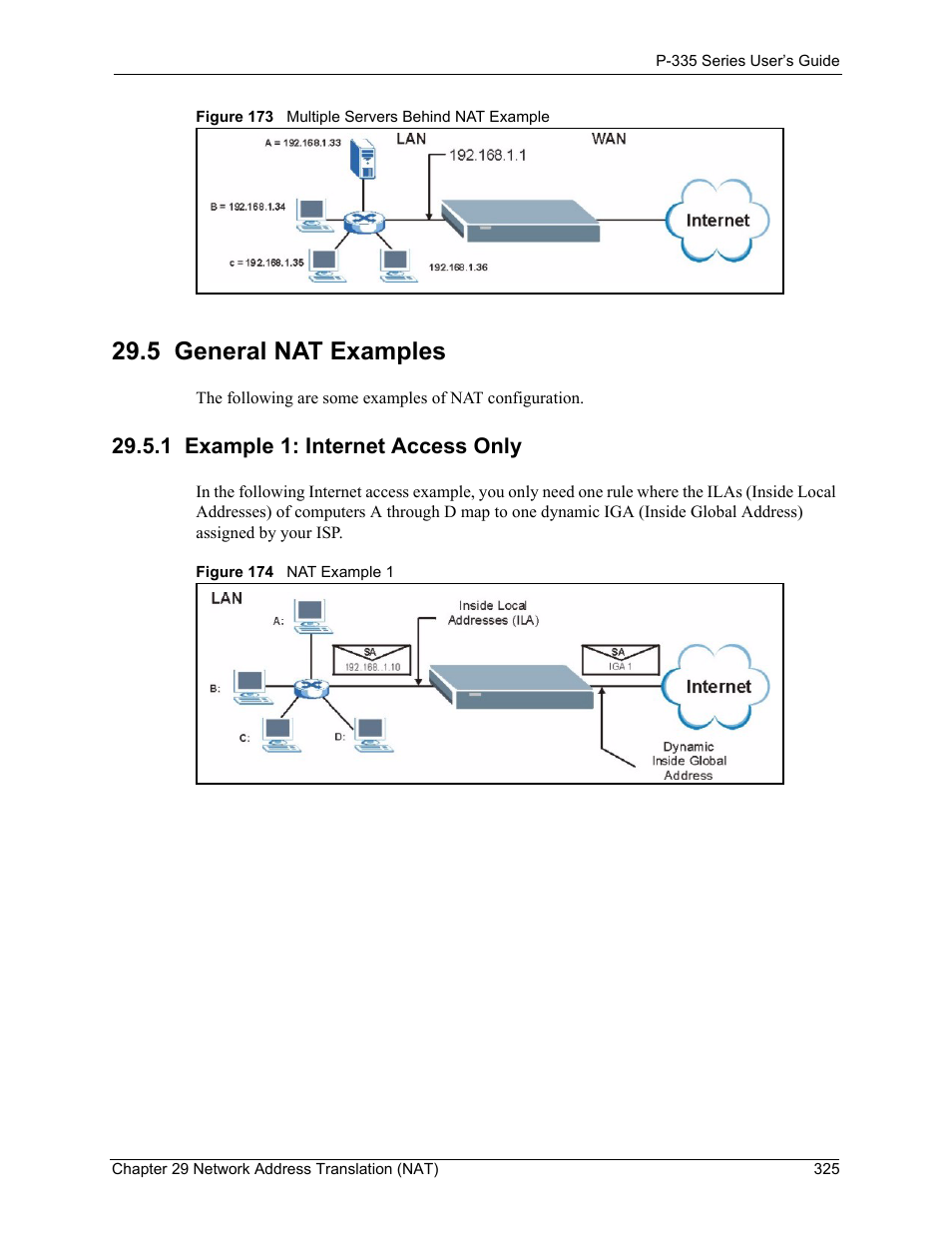 5 general nat examples, 1 example 1: internet access only | ZyXEL Communications P-335WT User Manual | Page 325 / 509