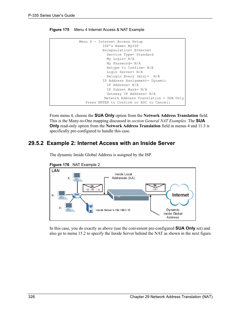 2 example 2: internet access with an inside server | ZyXEL Communications P-335WT User Manual | Page 326 / 509