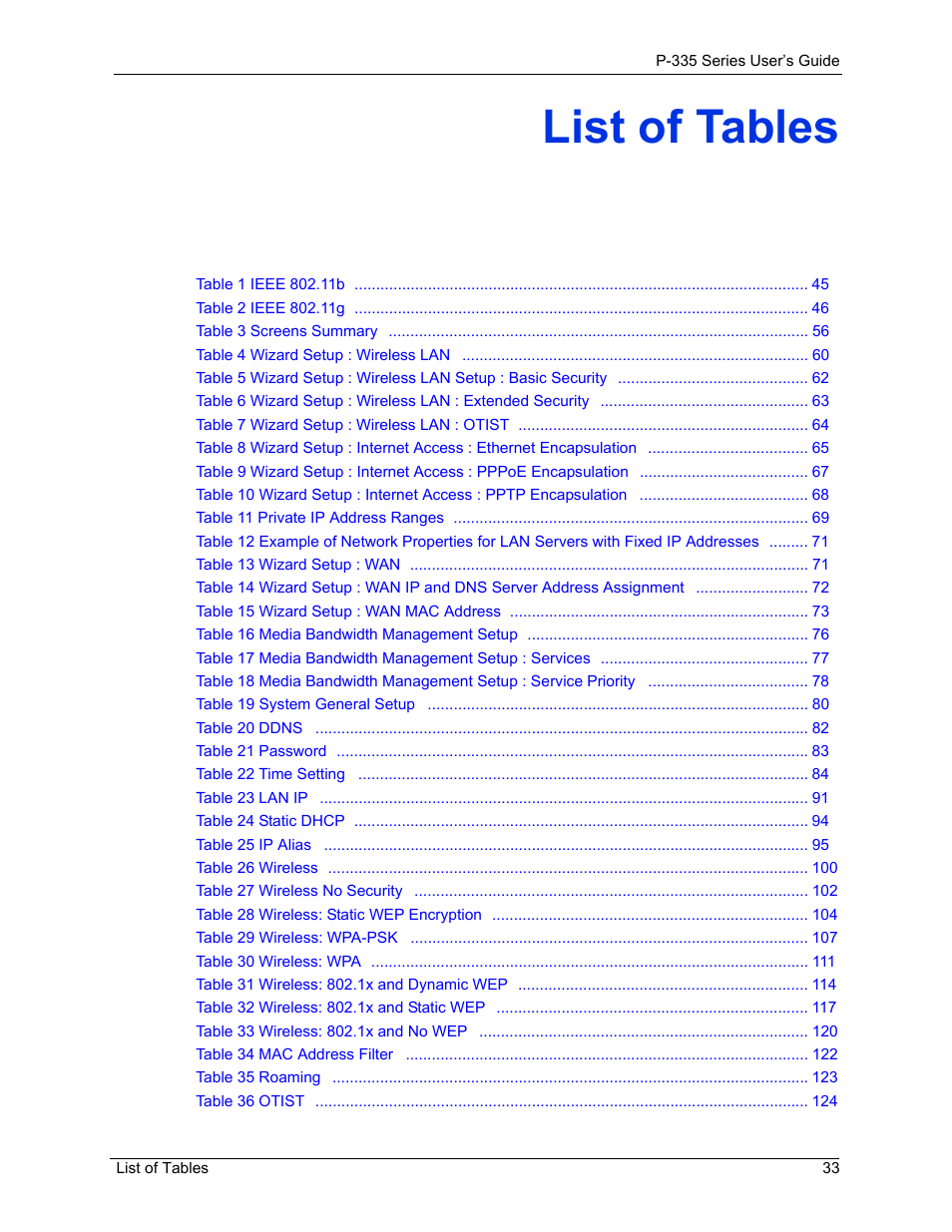 List of tables | ZyXEL Communications P-335WT User Manual | Page 33 / 509