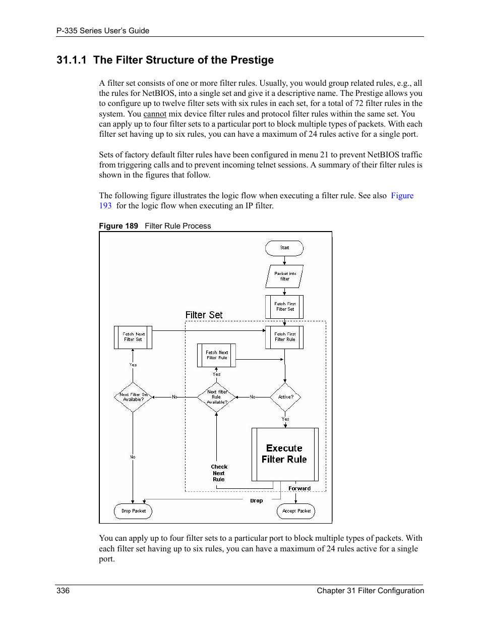 1 the filter structure of the prestige, Figure 189 filter rule process | ZyXEL Communications P-335WT User Manual | Page 336 / 509