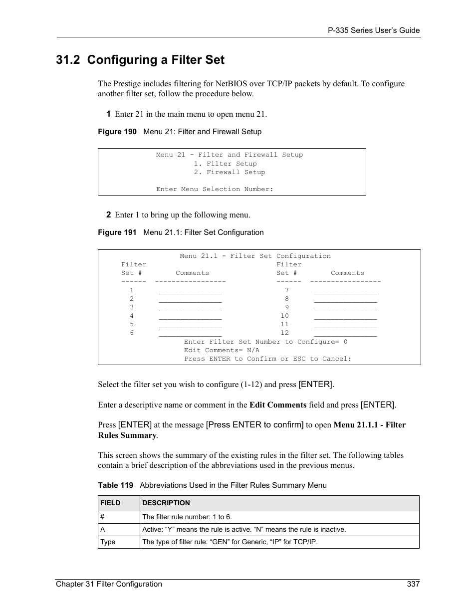 2 configuring a filter set | ZyXEL Communications P-335WT User Manual | Page 337 / 509