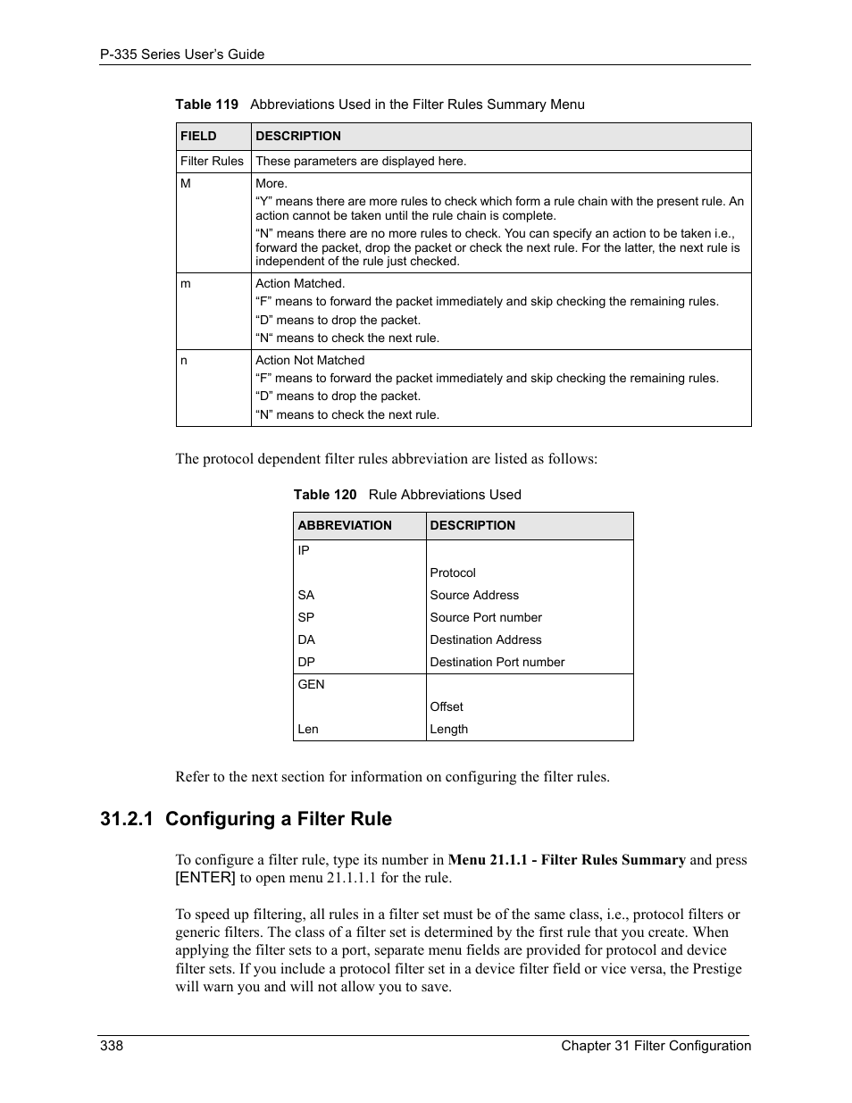 1 configuring a filter rule, Table 120 rule abbreviations used | ZyXEL Communications P-335WT User Manual | Page 338 / 509