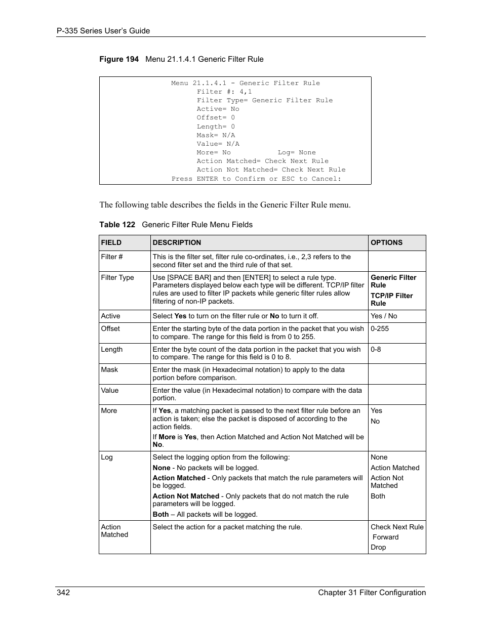 Figure 194 menu 21.1.4.1 generic filter rule, Table 122 generic filter rule menu fields | ZyXEL Communications P-335WT User Manual | Page 342 / 509