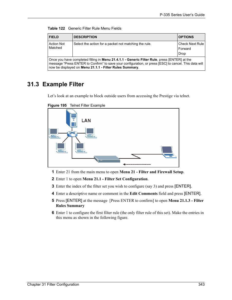3 example filter, Figure 195 telnet filter example | ZyXEL Communications P-335WT User Manual | Page 343 / 509