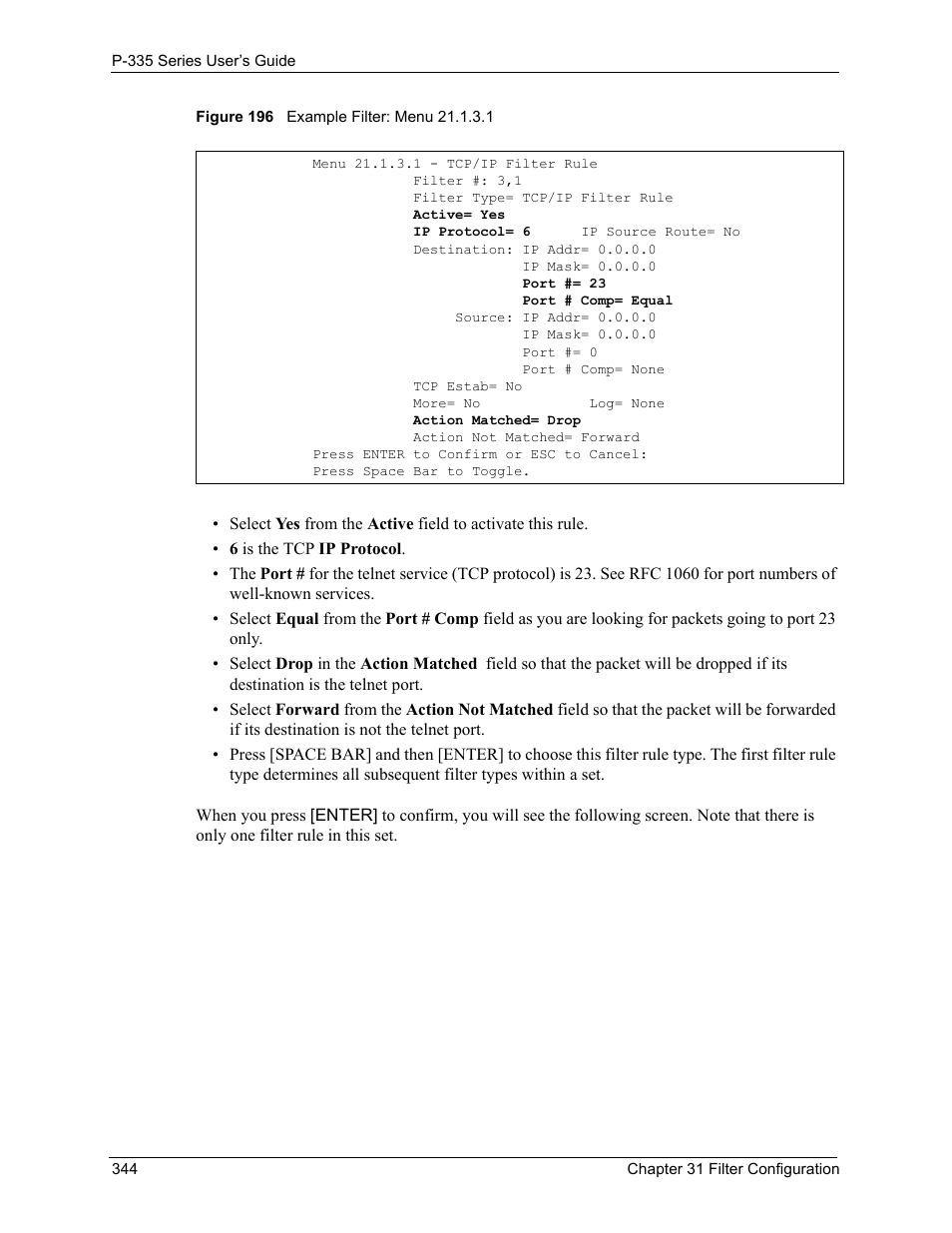 Figure 196 example filter: menu 21.1.3.1 | ZyXEL Communications P-335WT User Manual | Page 344 / 509