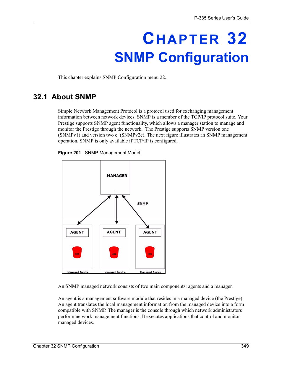 Snmp configuration, 1 about snmp, Chapter 32 snmp configuration | Figure 201 snmp management model | ZyXEL Communications P-335WT User Manual | Page 349 / 509