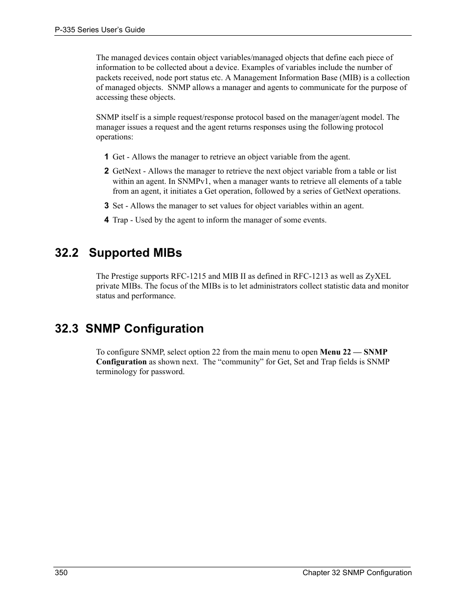 2 supported mibs, 3 snmp configuration, 2 supported mibs 32.3 snmp configuration | ZyXEL Communications P-335WT User Manual | Page 350 / 509