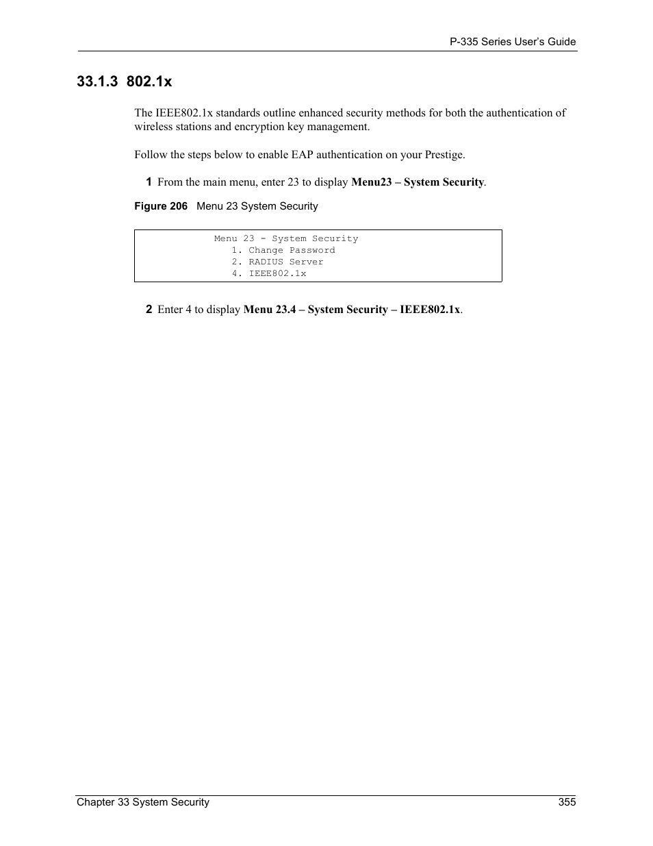 3 802.1x, Figure 206 menu 23 system security | ZyXEL Communications P-335WT User Manual | Page 355 / 509